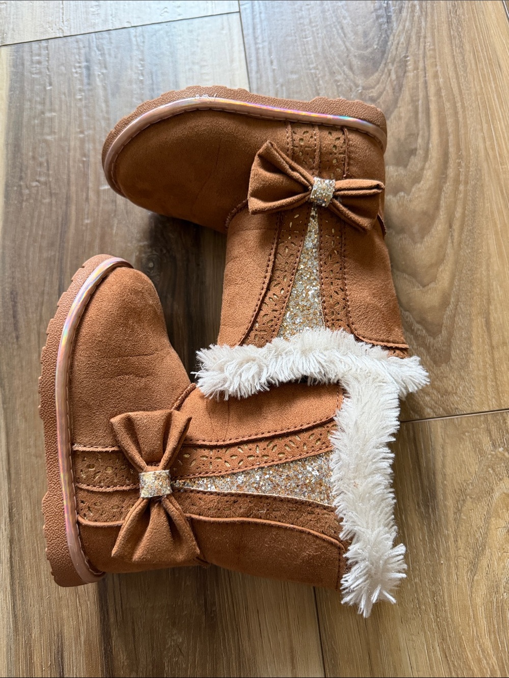 Magellan Outdoors Kids Tan Bow Faux-Suede Winter Boots with Glitter Trim